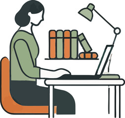 Woman working at desk with laptop and books computer