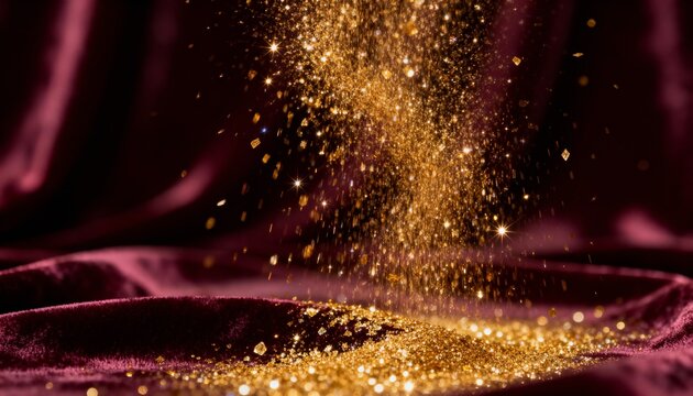 Golden glitter falling on a red velvet surface, creating a luxurious and festive scene.