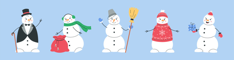 Set of cute christmas snowmen with scarf, winter hat, earmuffs, broom, festive sweater and holiday gifts. Charming seasonal characters for cozy winter and new year designs. Vector illustration