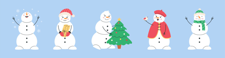 Set of cute winter snowmen with scarf, gift box, christmas tree and little bird. Charming holiday characters for cozy festive season. Pastel clean style for cheerful christmas design, family decor 