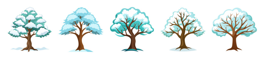 Collection of five artistic snow covered trees with bare branches