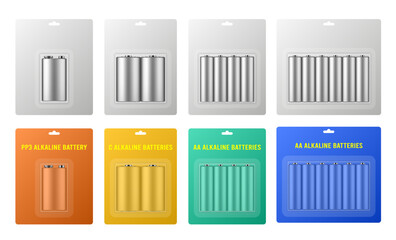 AA, PP3 and C alkaline batteries in a package with transparent window and hanging hole. Realistic mockup	
