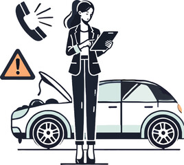 Woman with tablet near car with open hood and warning sign