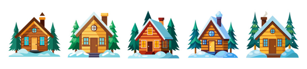 Cozy snow covered cabin surrounded by pine trees winter scene