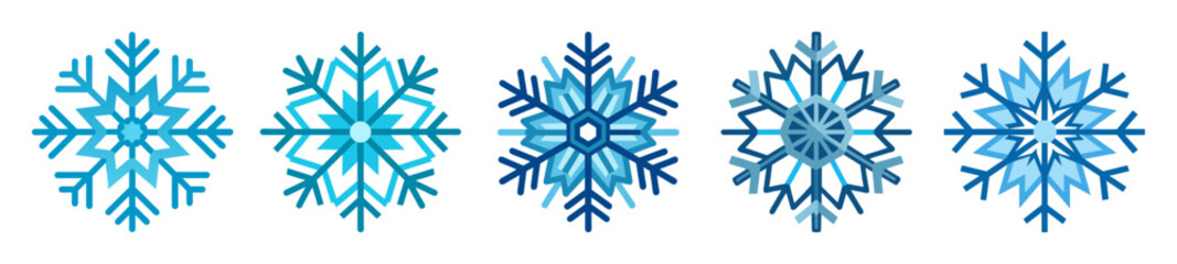 Five blue and teal snowflake designs on a bright