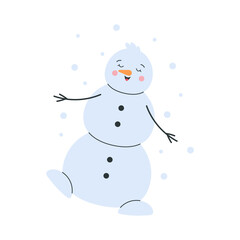 Snowman enjoying a carefree winter stroll among soft falling snow. Gentle pastel character with relaxed movement, warm expression and clean minimal shapes.