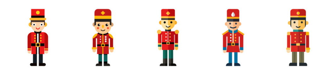 Five cartoon toy soldiers in red uniforms and hats isolated
