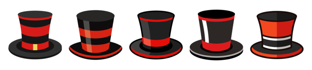 Five distinct top hats showcase elegant formal wear