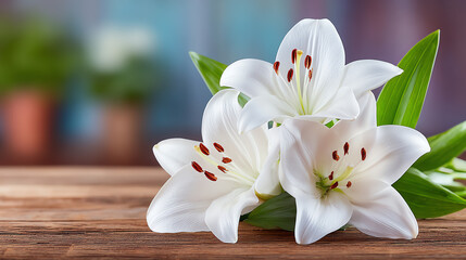 Fototapeta premium A beautiful arrangement of white lilies on a wooden table, showcasing their elegant petals and vibrant green leaves.