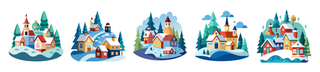 Charming winter village scene with snowy houses and trees