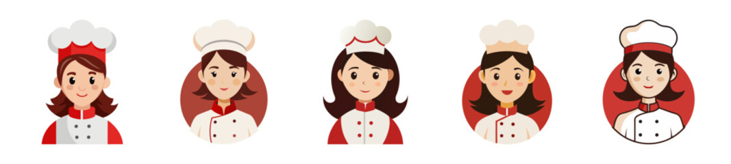Five cheerful cartoon chefs in red and white uniforms holding food