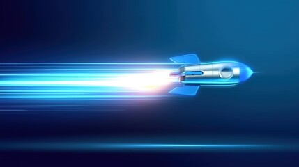 Futuristic blue rocket with glowing light speed trail flying through air, dynamic motion blur and wide-angle perspective, vector illustration in modern technology style with blue gradient background a