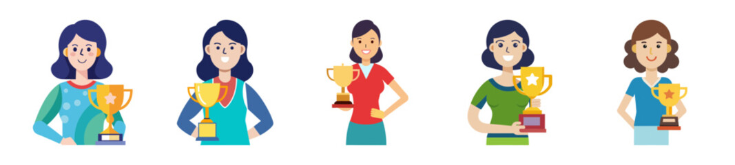 Cartoon women celebrating victory with trophies and flowers