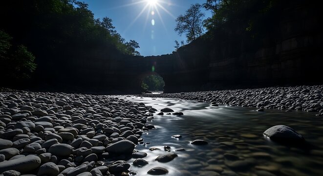 Sun shines brightly over a rocky riverbed in a dark canyon.