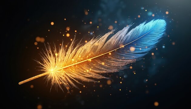 Glowing feather with blue, golden light on dark surface. Feather shimmer particles, magical feel. Beautiful stylish artwork. Creative graphic element for print template design. Modern decorative
