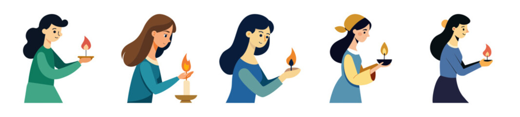Woman lighting a candle peaceful scene art
