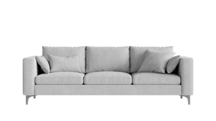 Front view of a white sofa with pillows on a transparent background. Furniture for the modern interior, web design, and presentation.