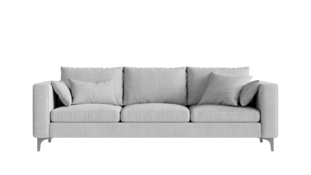 Front view of a white sofa with pillows on a transparent background. Furniture for the modern interior, web design, and presentation.