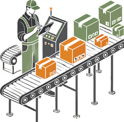 Worker on conveyor belt with boxes and control panel