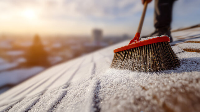 A close-up of a person sweeping snow off a rooftop during sunrise, showcasing winter maintenance and outdoor activities. - Powered by Adobe