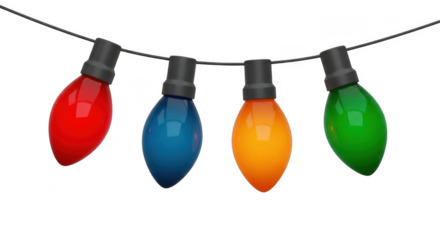 String of colorful christmas lights isolated on transparent background