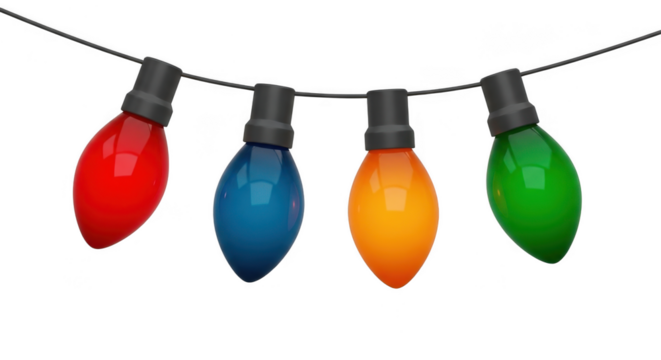 String of colorful christmas lights isolated on transparent background