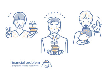 しっかり資産運用をする若い男性　シンプルでお洒落な線画イラスト