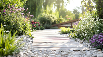 Serene Garden Path with Lush Greenery and Wooden Walkway