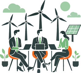Business people meeting with wind turbines and solar panel