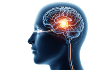 Closeup profile view of a human head with a glowing brain, illustrating neural activity and cognition, isolated on transparent background