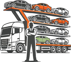Car transporter truck with multiple vehicles and a man