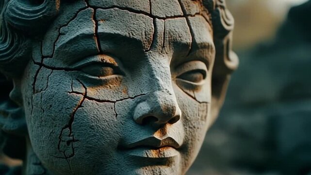 Macro real footage capturing cracks, erosion, and fine details of an ancient stone statue, cinematic lighting, timeless feeling