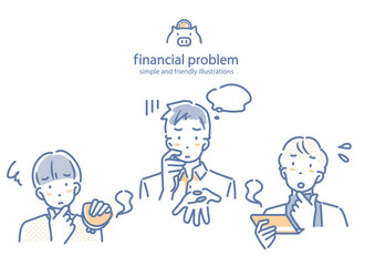 お金に不安を感じる若い男性　シンプルでお洒落な線画イラスト