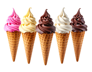 Five assorted soft serve ice cream cones arranged in a row