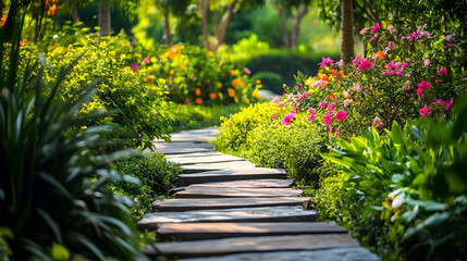 Serene Garden Path with Lush Greenery and Wooden Walkway