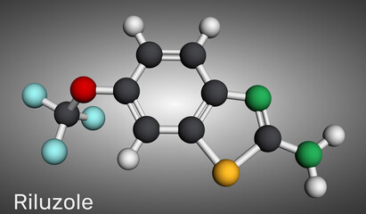 Riluzole benzothiazole neuroprotective drug molecule.Molecular model. 3D rendering. Illustration