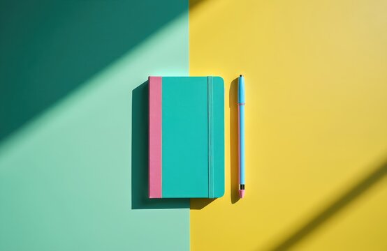 Turquoise notebook and pink pen lay on contrasting teal and yellow backgrounds. Sunlight casts dramatic shadows, creating a modern, minimalist workspace aesthetic perfect for planning or art.