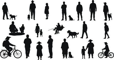 Silhouettes, people, animals, walking, sitting, talking, family, dog walking, bicycle, interaction, posture, vector, urban, lifestyle, diverse, minimal, traditional, children, casual, design