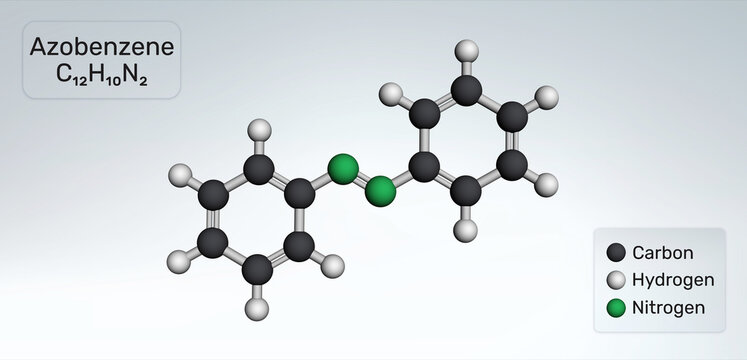 Azobenzene molecule, photoswitchable chemical compound. Molecular model. 3D rendering. Illustration
