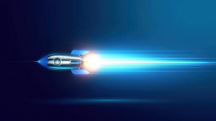Futuristic blue rocket with glowing light speed trail flying through air, dynamic motion blur and wide-angle perspective, vector illustration in modern technology style with blue gradient background a