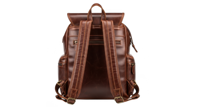 Back view of a brown leather backpack with multiple pockets and zippers, isolated on transparent background