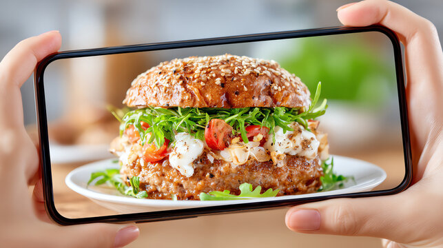 A delicious burger topped with fresh vegetables, captured beautifully on a smartphone. Perfect for food lovers and social media. - Powered by Adobe