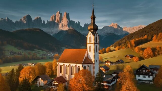 A picturesque church stands tall amidst an autumn village, backed by majestic mountains.