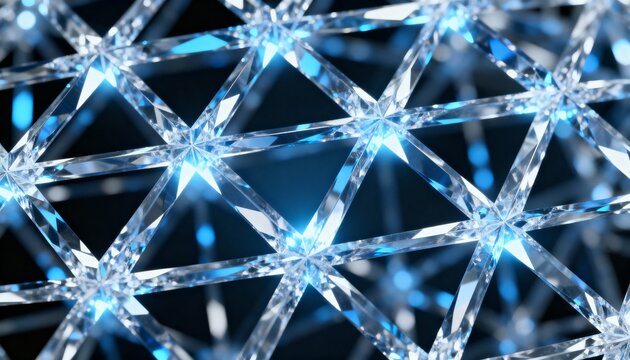 Abstract geometric structure with glowing blue nodes and crystalline facets.