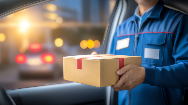 A delivery person hands a package to a customer from a car window during sunset, capturing the essence of modern delivery.