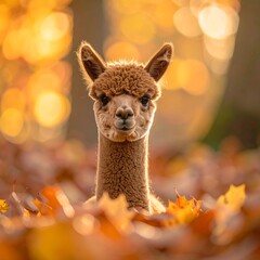 A fluffy, curious llama amidst golden autumn foliage and bokeh