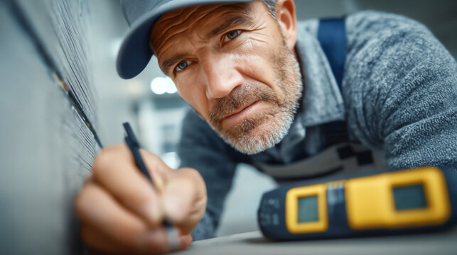 A focused craftsman measures with precision, demonstrating skill in his trade. An image representing dedication and craftsmanship in industry.