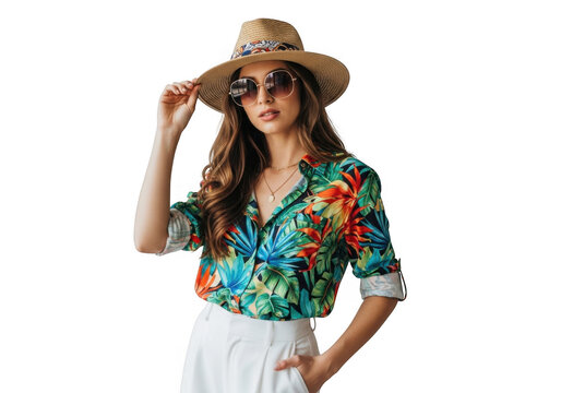 Young woman wearing a straw hat and sunglasses, with a colorful tropical shirt and white pants, isolated on transparent background