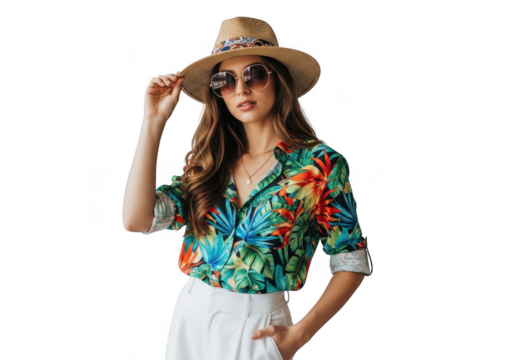 Young woman wearing a straw hat and sunglasses, with a colorful tropical shirt and white pants, isolated on transparent background - Powered by Adobe