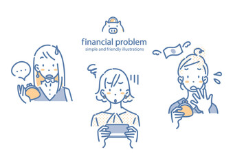 A simple and stylish line drawing of a young woman feeling anxious about money